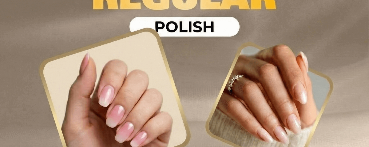 Manicured nails with gel polish and regular polish showing durability comparison.