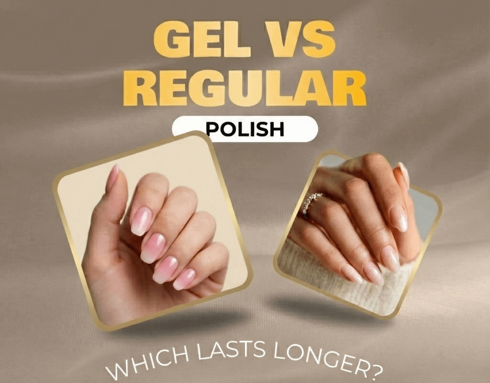 Manicured nails with gel polish and regular polish showing durability comparison.