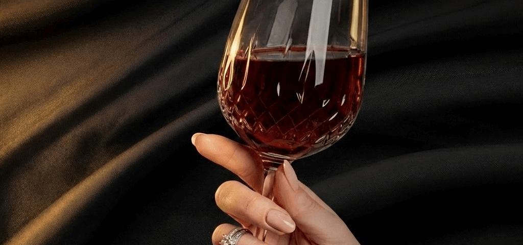 A hand with manicured nails holding a wine glass.