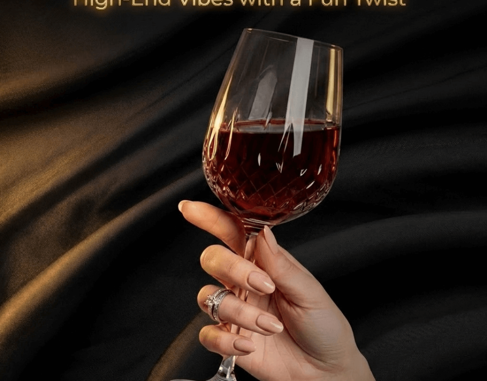 A hand with manicured nails holding a wine glass.