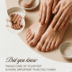 Hands applying scrub to feet, with skincare products nearby.