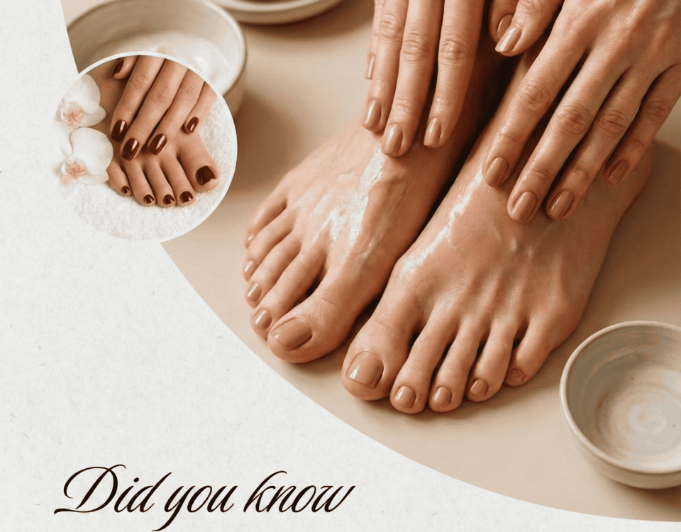 Hands applying scrub to feet, with skincare products nearby.